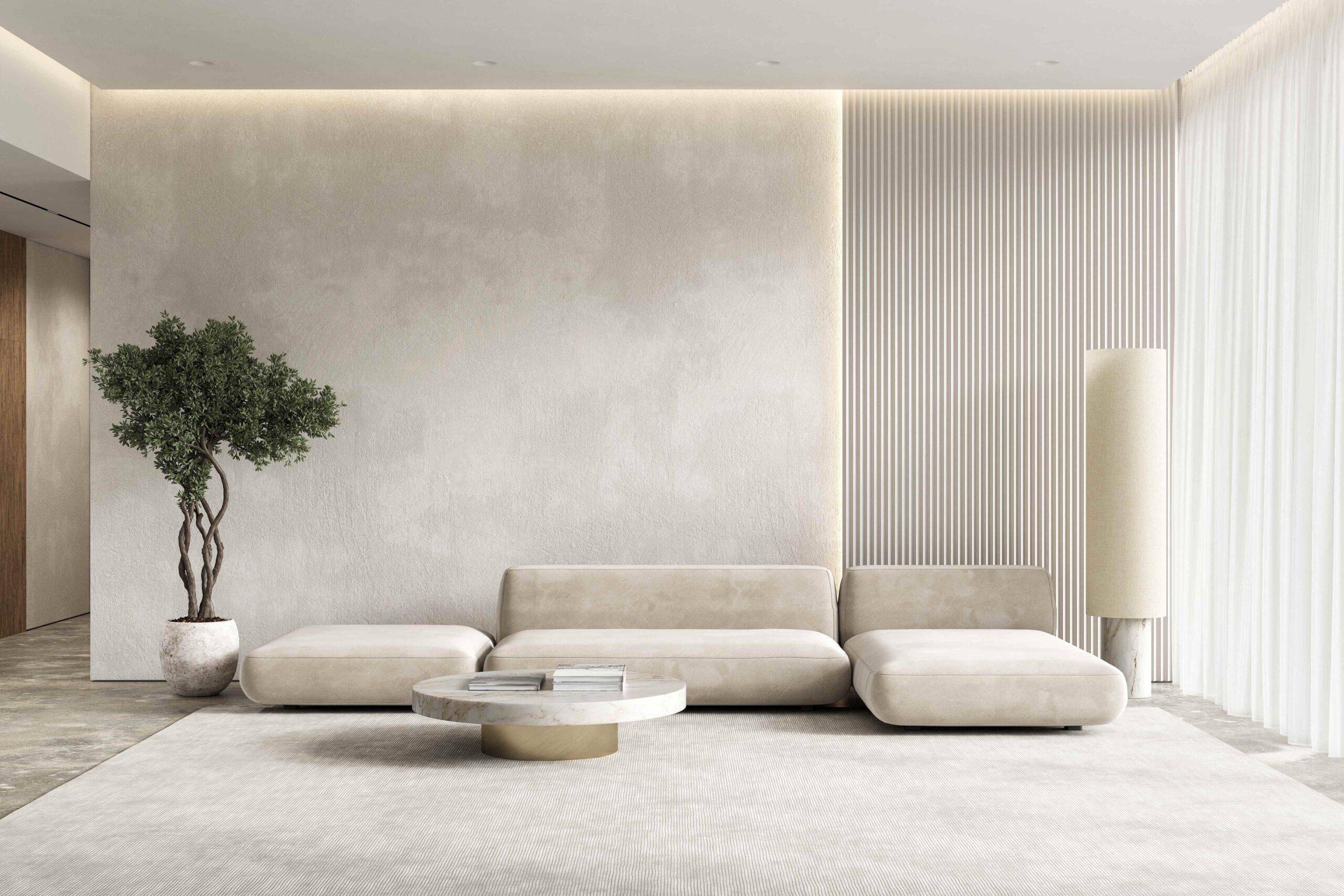 Elegantes Wohnzimmer mit Wandpaneelen aus Stoff, minimalistischer Einrichtung und einem auffälligen Baum als Dekorationselement