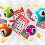Bingo Gewinner Hintergrund mit Lottoscheinen, Bälle und Goldmünzen. Realistische Keno Glücksspiel gewinnen Poster mit Karten Kletten Vektor-Konzept