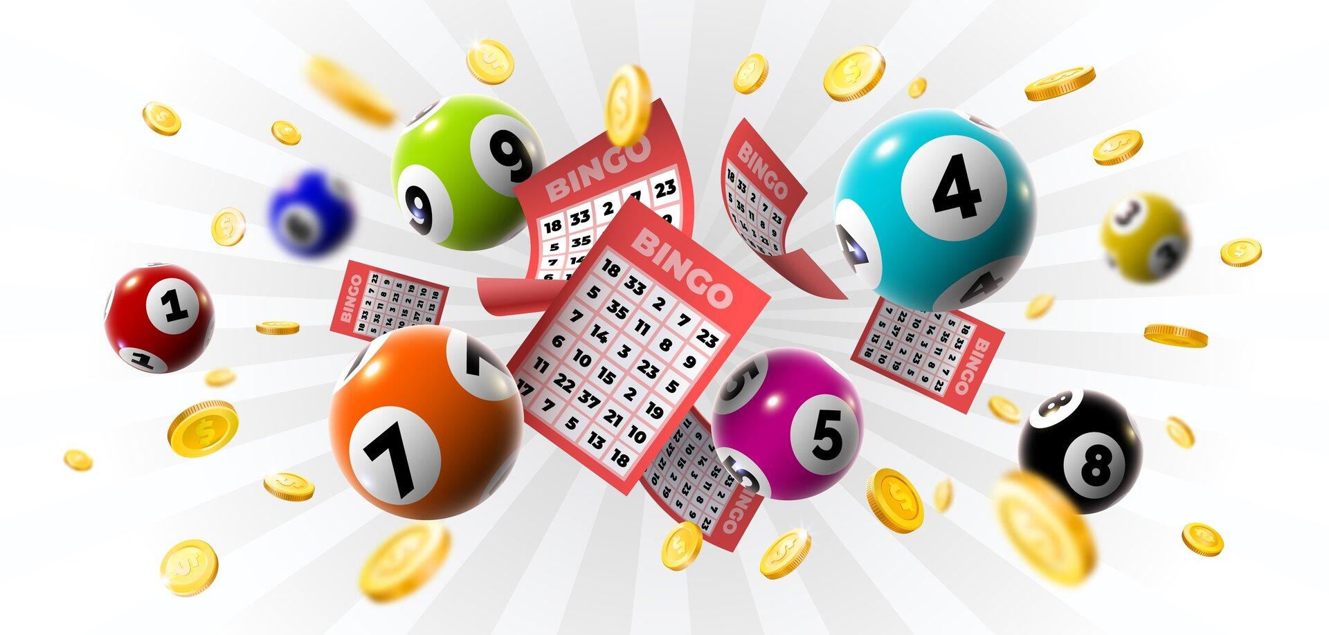 Bingo Gewinner Hintergrund mit Lottoscheinen, Bälle und Goldmünzen. Realistische Keno Glücksspiel gewinnen Poster mit Karten Kletten Vektor-Konzept