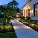 Eleganter Gartenweg mit integrierter Beleuchtung, die Pflanzen und Umgebung inszeniert – perfekt ergänzt durch einen nahegelegenen Garten Pavillon.