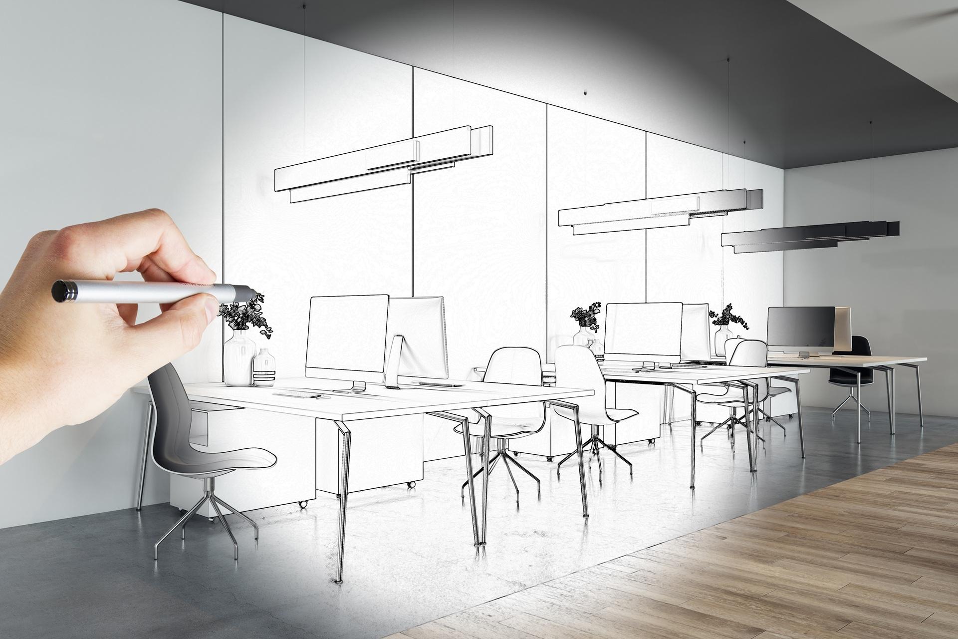 Hand zeichnet Buero-Designkonzept mit modernen Elementen | Sonnenschutz Markisen