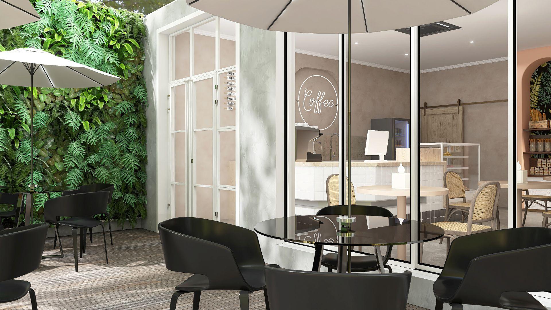 Kuenstliche Pflanzenwand als stilvolle Begruenung im Aussenbereich eines kleinen Cafes